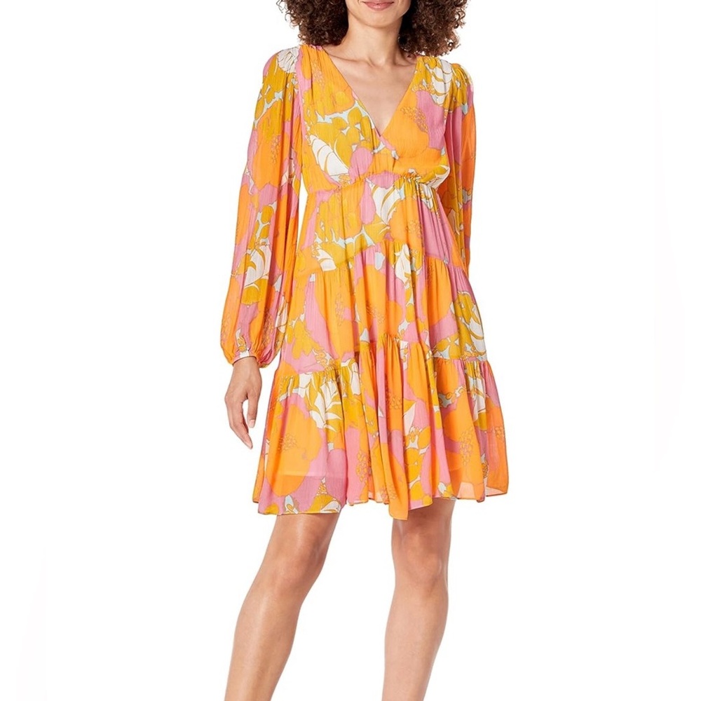 Trina Turk Floral Babydoll Mini Dress Tiered Chiffon Long Sleeve Boho Party 70s